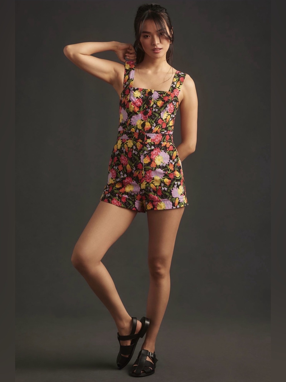 Anthropologie Maeve M Yukiko Noritake Portside Floral Button-Front Romper Pocket